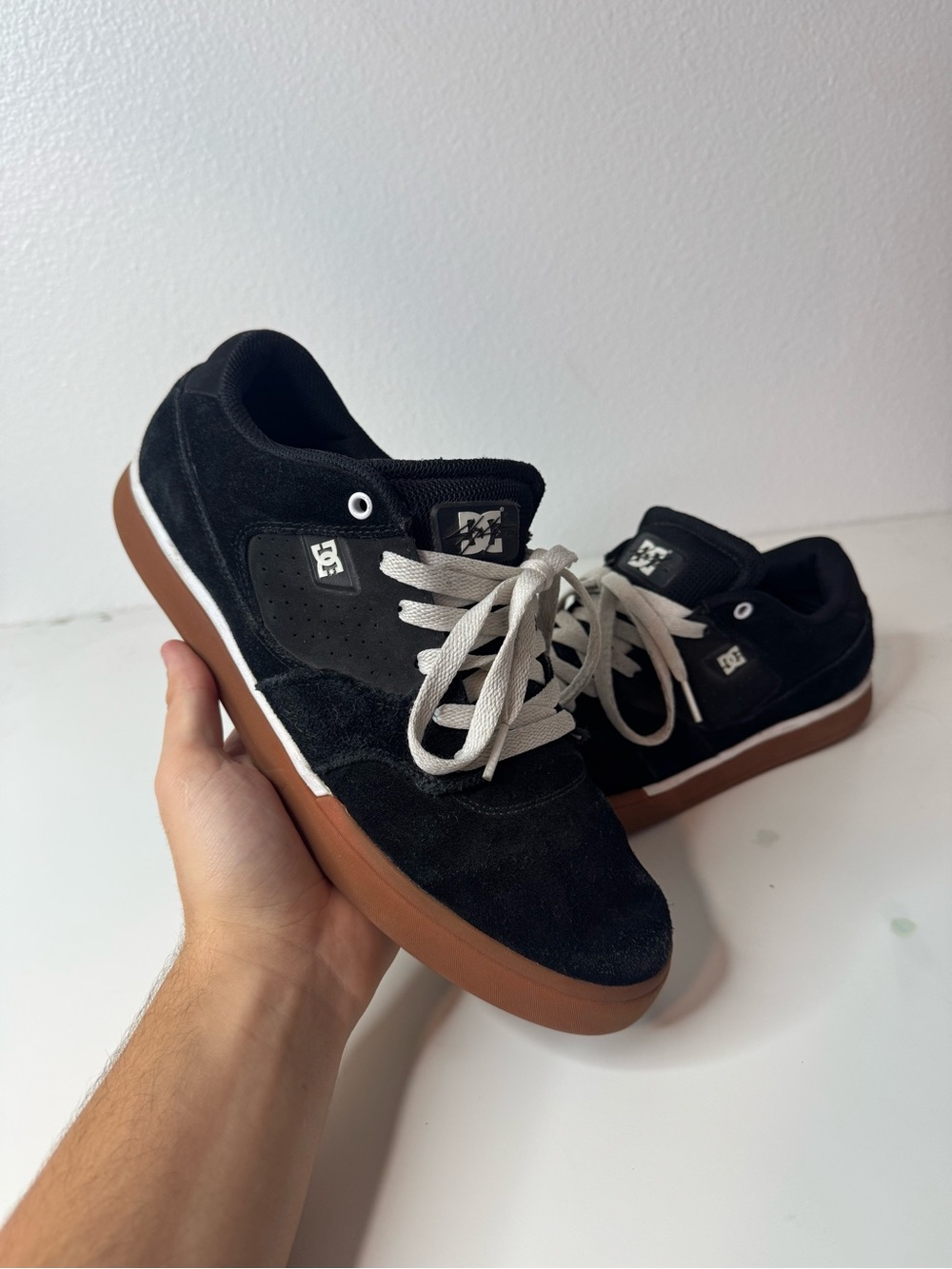 DC Men’s Black Suede Skate Sneakers with Brown Gum Sole